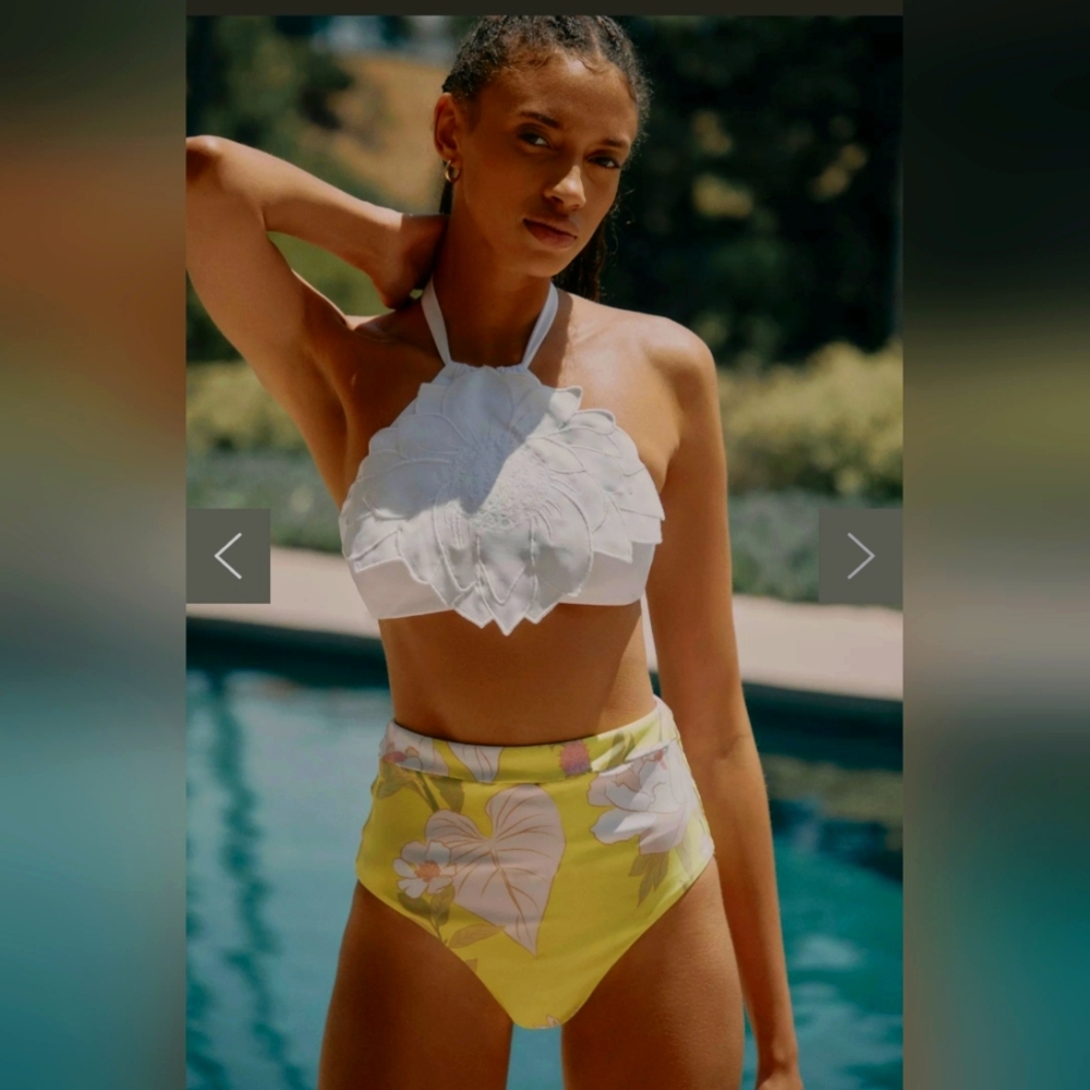 NWT! Farm Rio High-Waisted Bikini Bottom, Yellow Floral Print, M